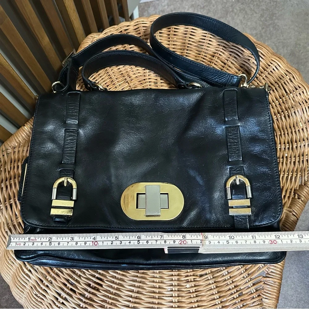 Badgley Mischka Black Leather Satchel Two—Toned Hardware Turnlock Crossbody - Picture 2 of 12